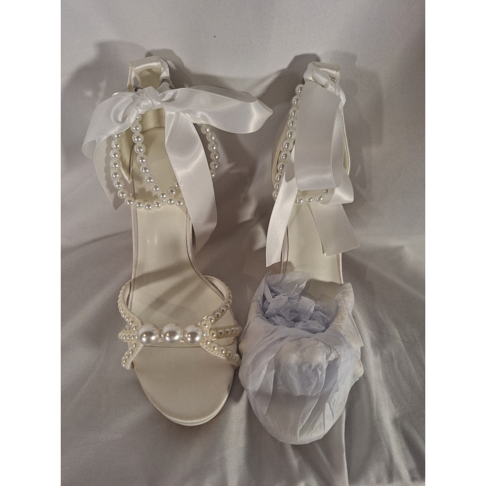 White Satin Pearl Block Heel Sandals Bridal Wedding Shoes Ribbon Bow EU 37